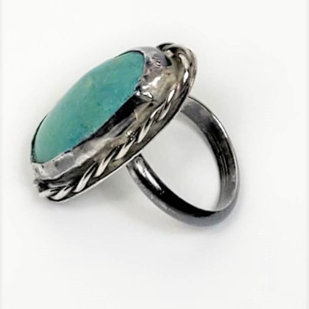 Vintage 1970s Hand Made Natural Turquoise Sterling Silver Ring Initialed ES